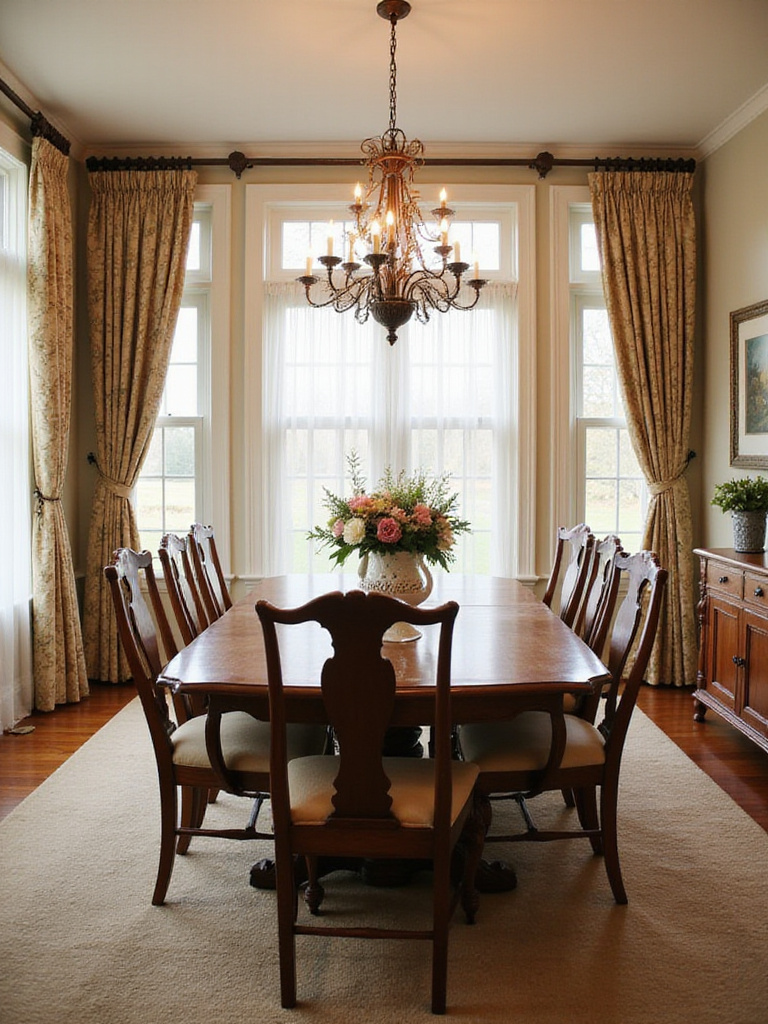 Traditional dining room with a perfectly sized wooden dining table and elegant decor.