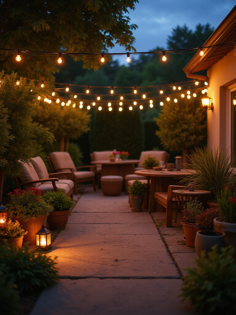Cozy outdoor patio illuminated with various types of patio lights during twilight.