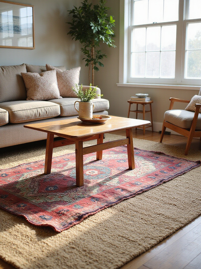 A cozy bohemian living room featuring layered area rugs for visual depth and warmth.