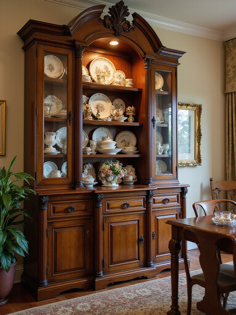 Classic china cabinet displaying heirlooms in a traditional dining room