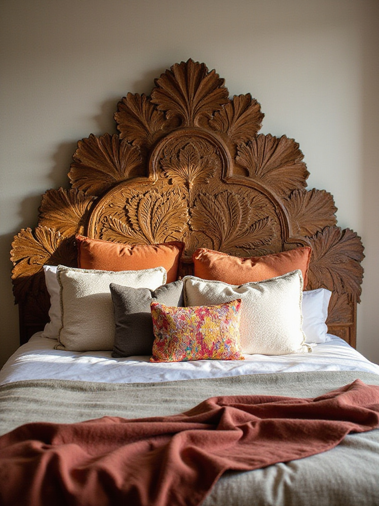 A cozy boho bedroom featuring a unique, intricately carved wooden headboard as the focal point.