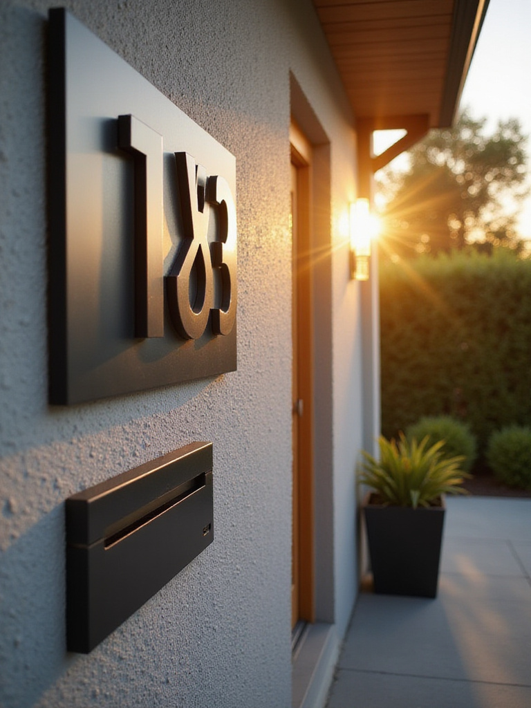 Modern house numbers and mailbox at a contemporary home entrance