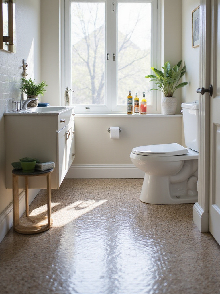 Compact bathroom with reflective penny tiles on the floor, showcasing light reflection and spaciousness.