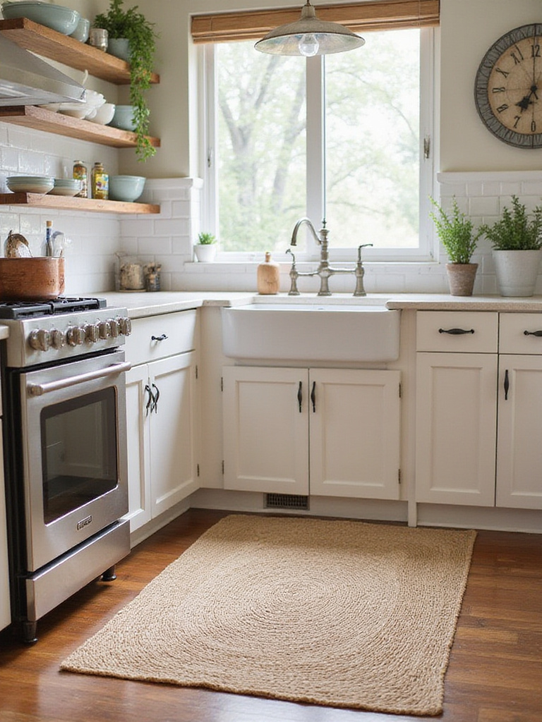 A cozy farmhouse kitchen with a jute runner rug in front of a sink, highlighting warm textures and inviting decor.