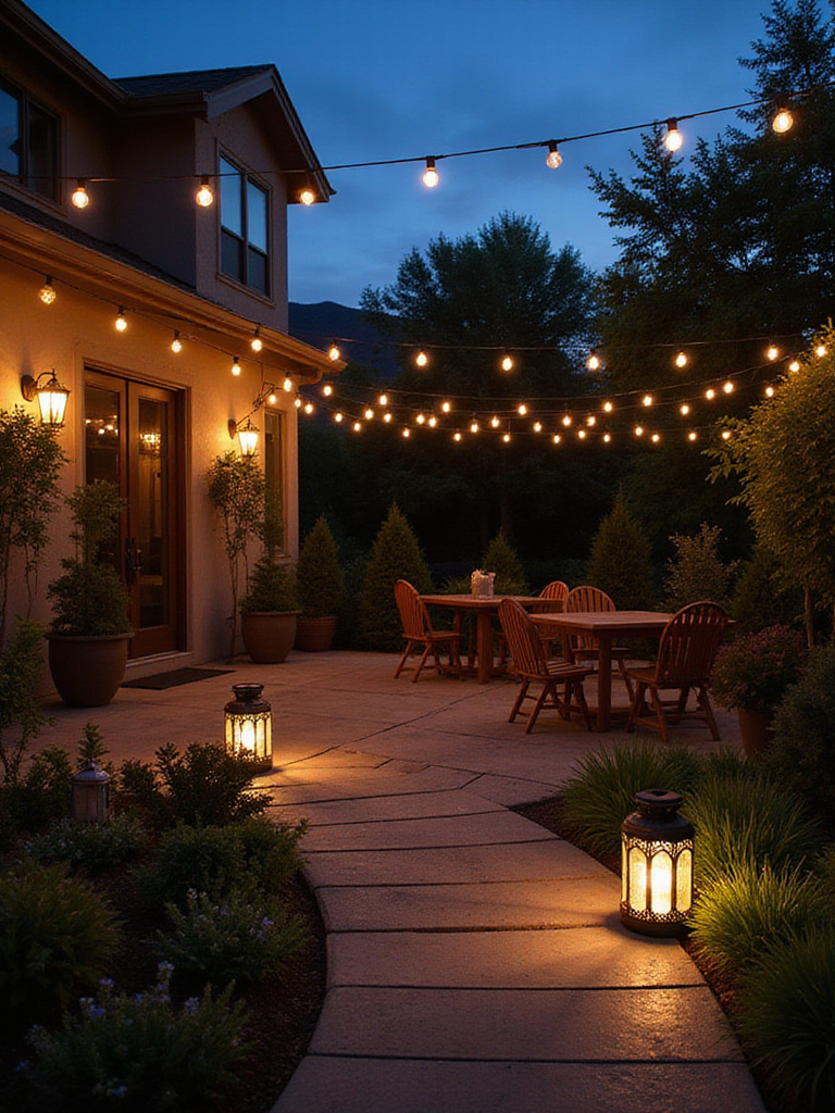 Cozy patio lights showcasing a mix of solar and electric options at twilight.