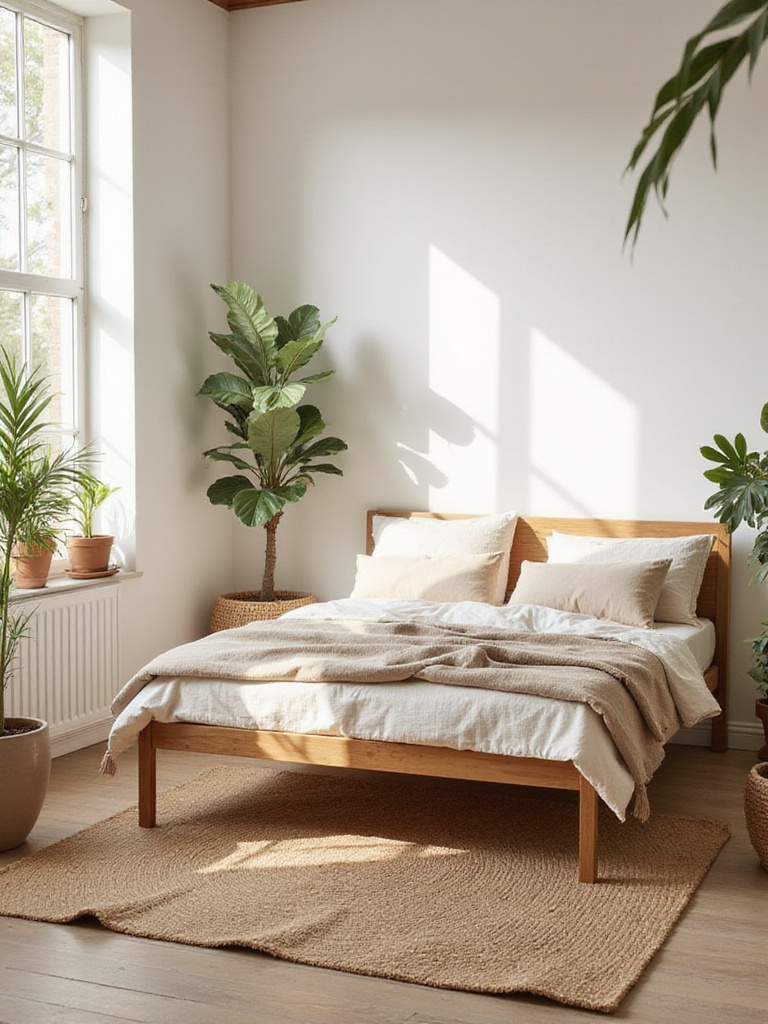 A calming boho bedroom with an earthy color palette featuring warm neutrals and natural textures.