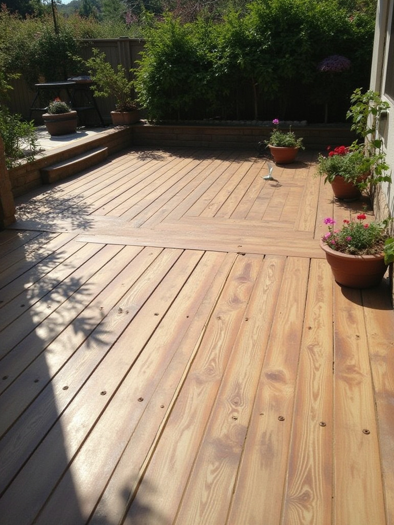 Stenciled concrete patio mimicking wood deck design with warm colors and intricate patterns.