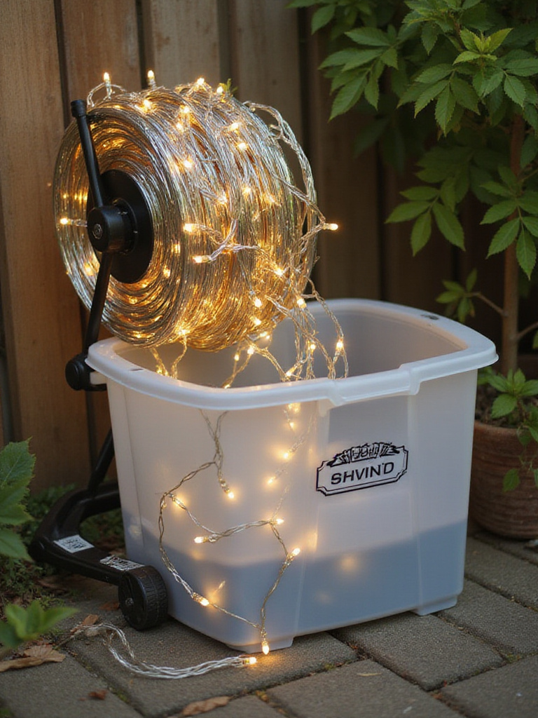 Organized storage of patio lights on a reel with a clear plastic bin.
