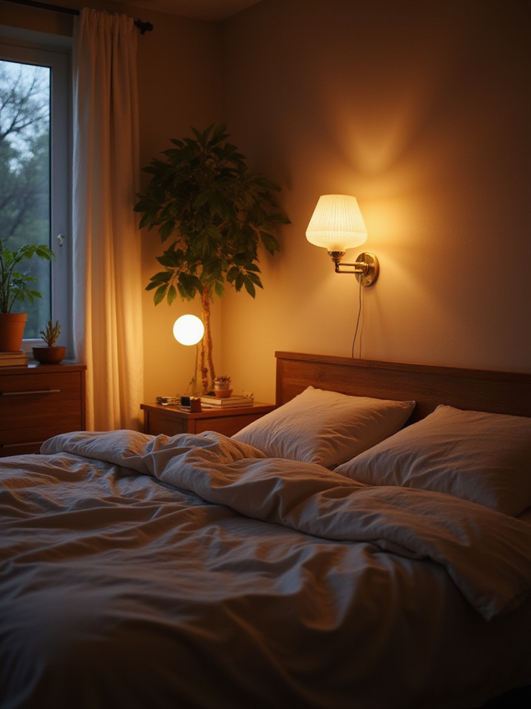 A calming bedroom scene showcasing smart lighting that syncs with the circadian rhythm.