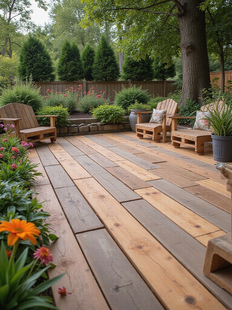 Beautiful outdoor deck made from repurposed pallets, showcasing rustic texture and design.