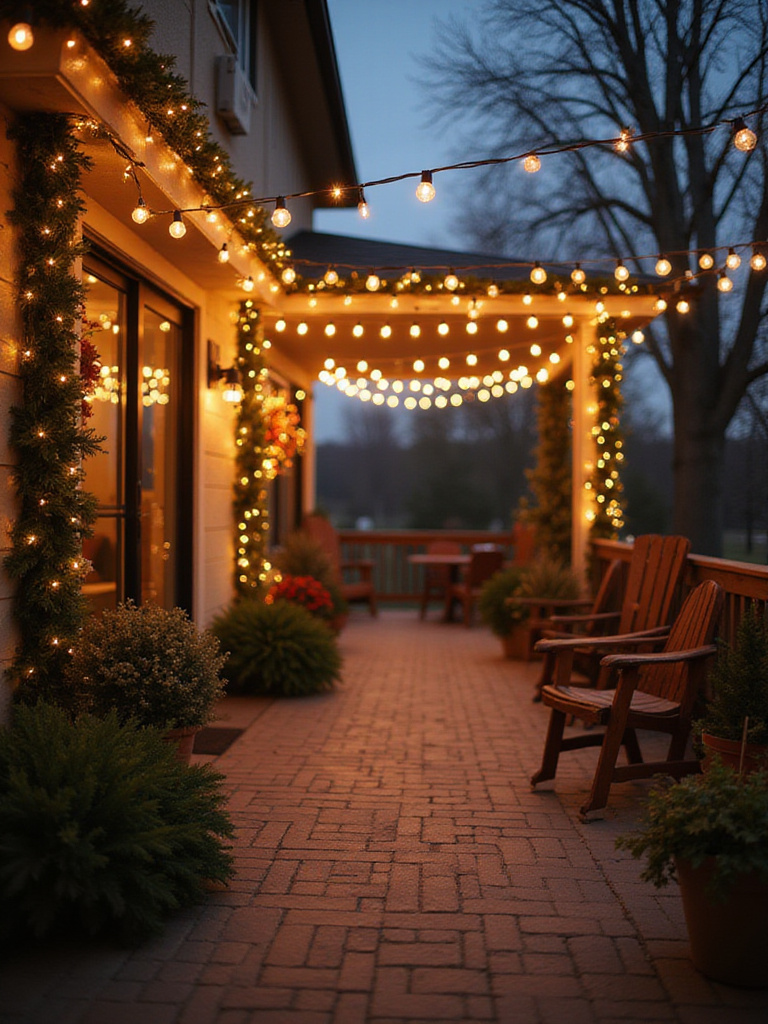 Festive outdoor patio decorated with warm white string lights for the holidays.