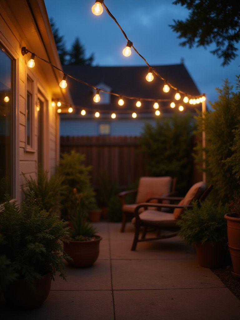Twilight patio scene with string lights illuminating the outdoor space.