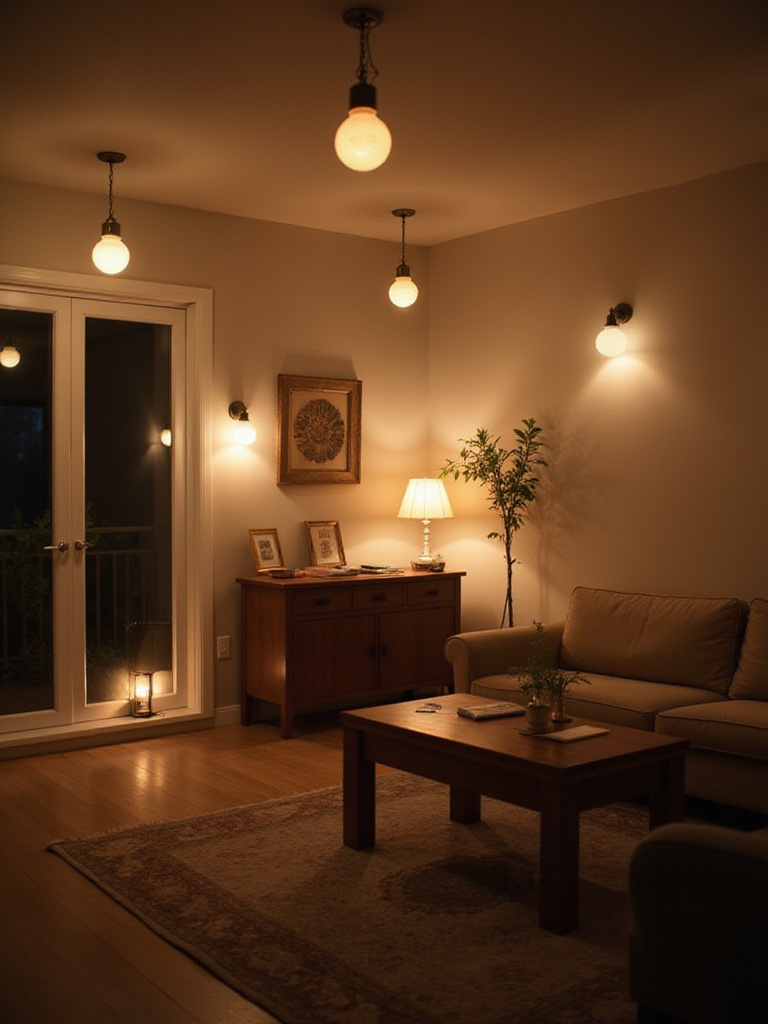 Living room with light fixtures highlighting Lumens and Watts comparison.