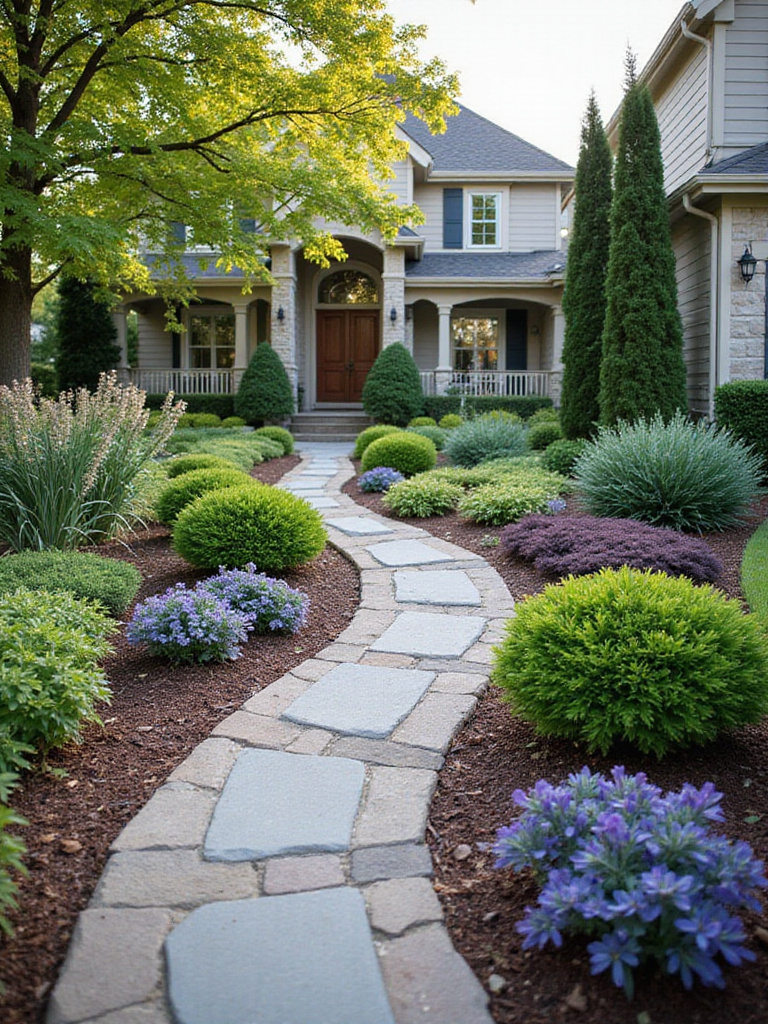 Harmonious front yard with a cohesive color palette featuring various plants and natural elements.