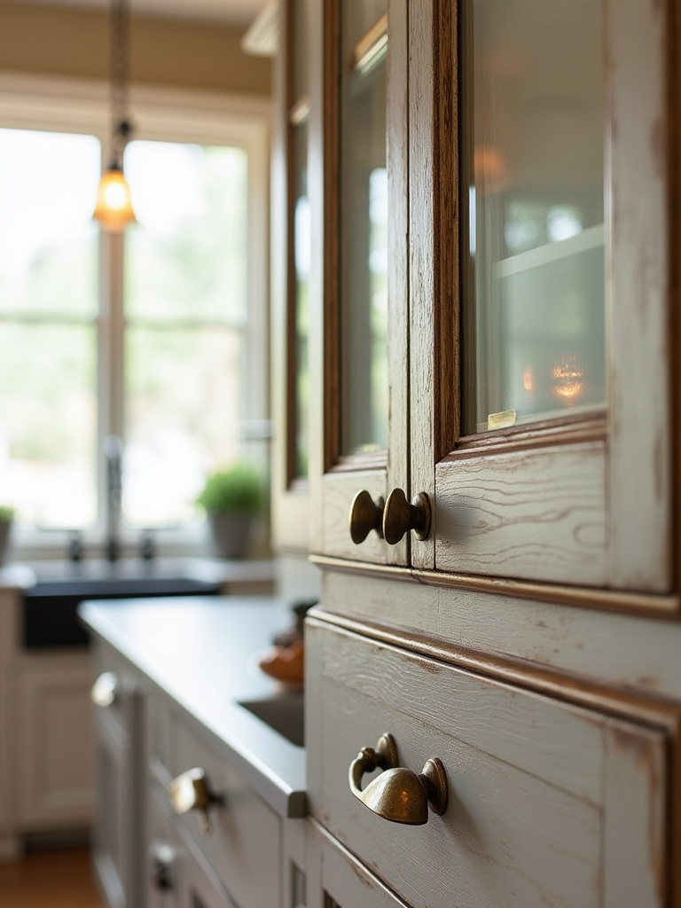 Farmhouse kitchen with vintage-style hardware on cabinets