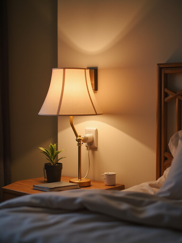 Cozy modern bedroom with a stylish lamp and smart plug
