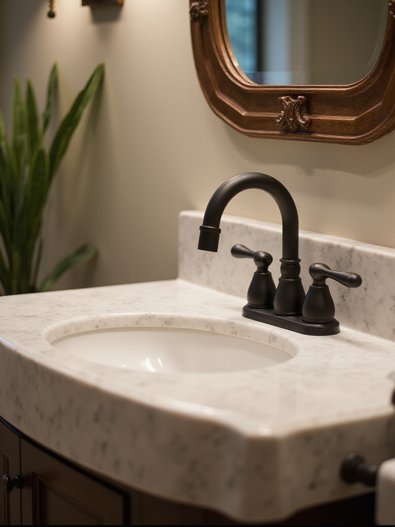 Luxurious powder room with upgraded faucets and hardware