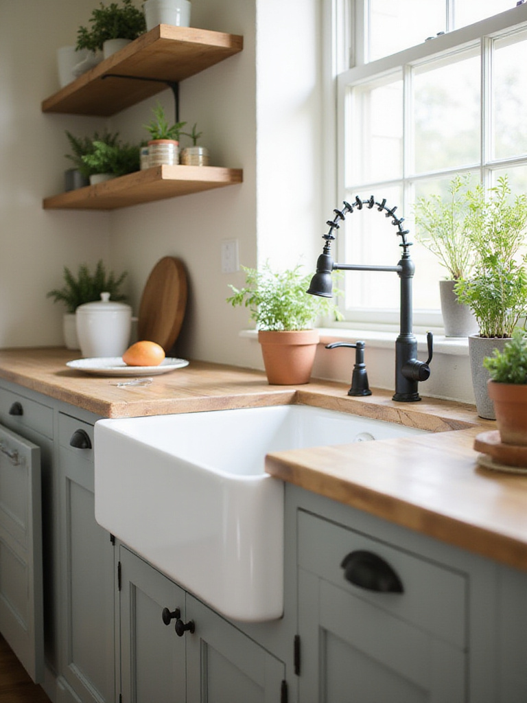 Classic apron sink in a farmhouse kitchen setting with wooden countertops and natural lighting.