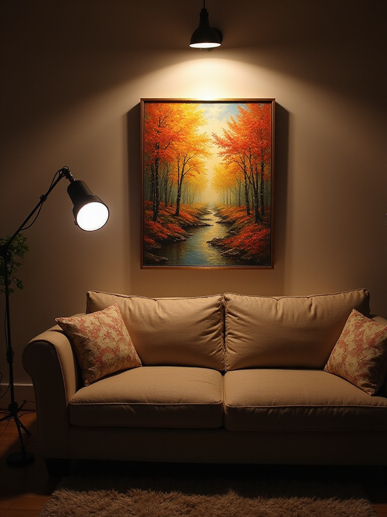 Living room with accent lighting highlighting artwork