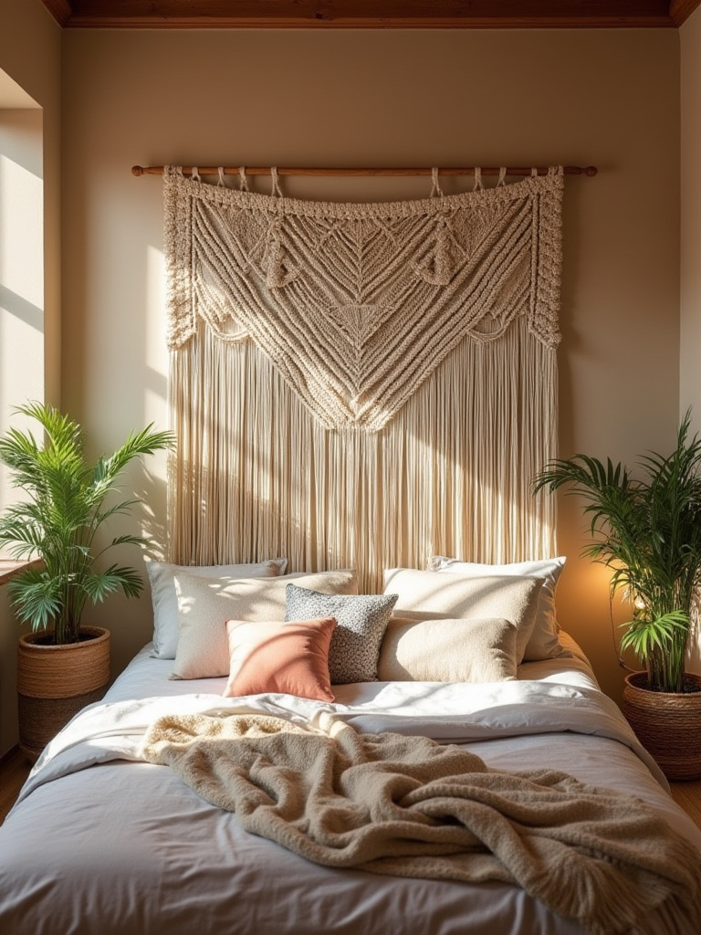 Cozy boho bedroom with intricate macrame wall hanging above a bed