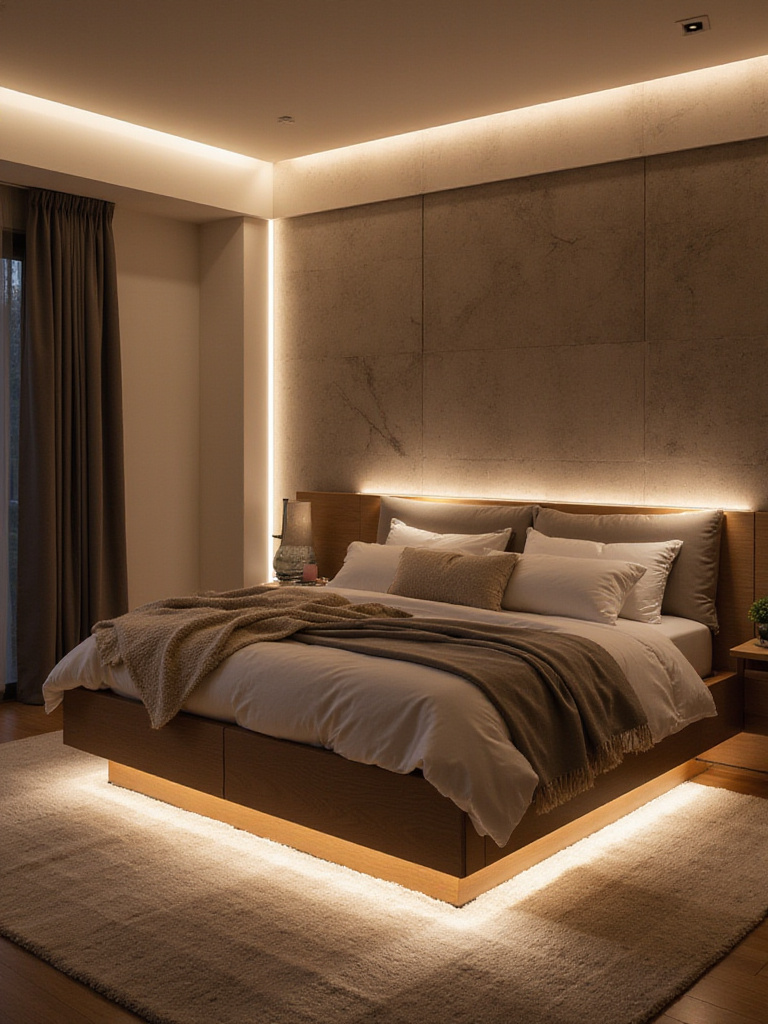 Modern bedroom with concealed LED strips creating a warm ambiance