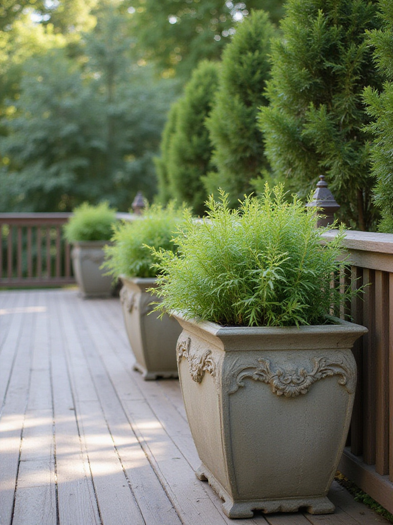 Large planters as decorative barriers on a deck