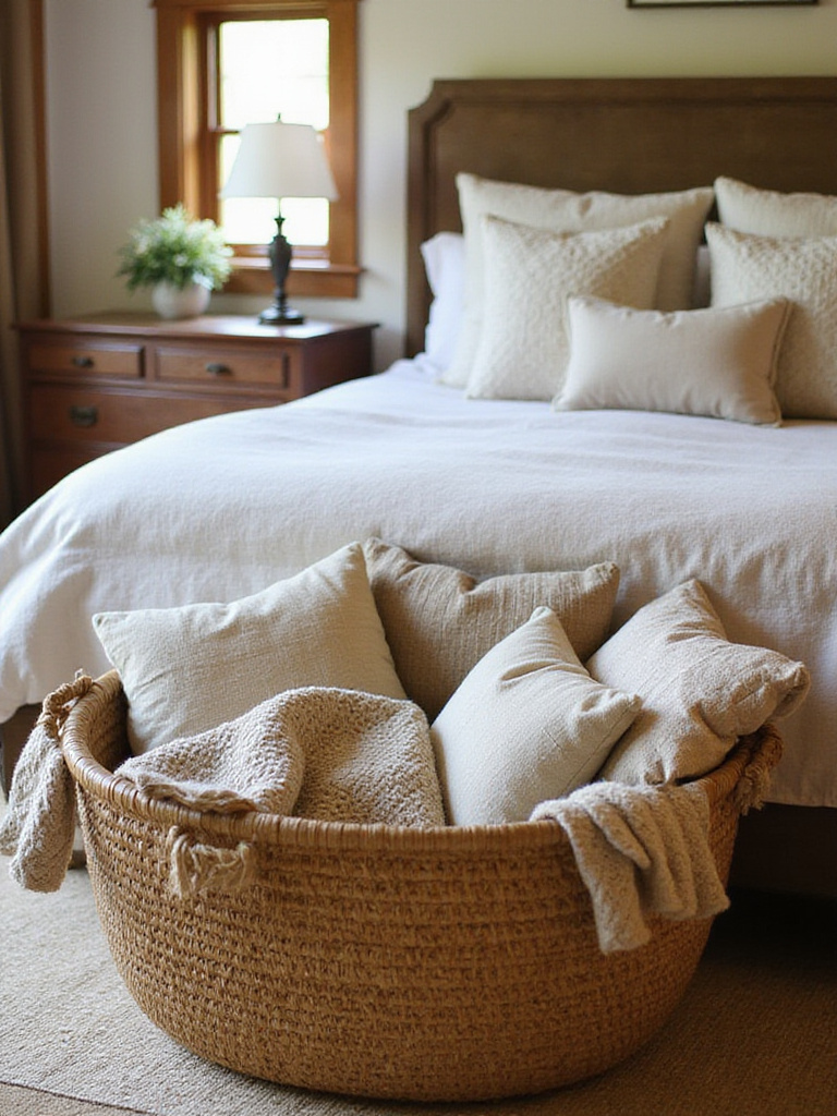 Cozy rustic bedroom with woven baskets at the foot of the bed.