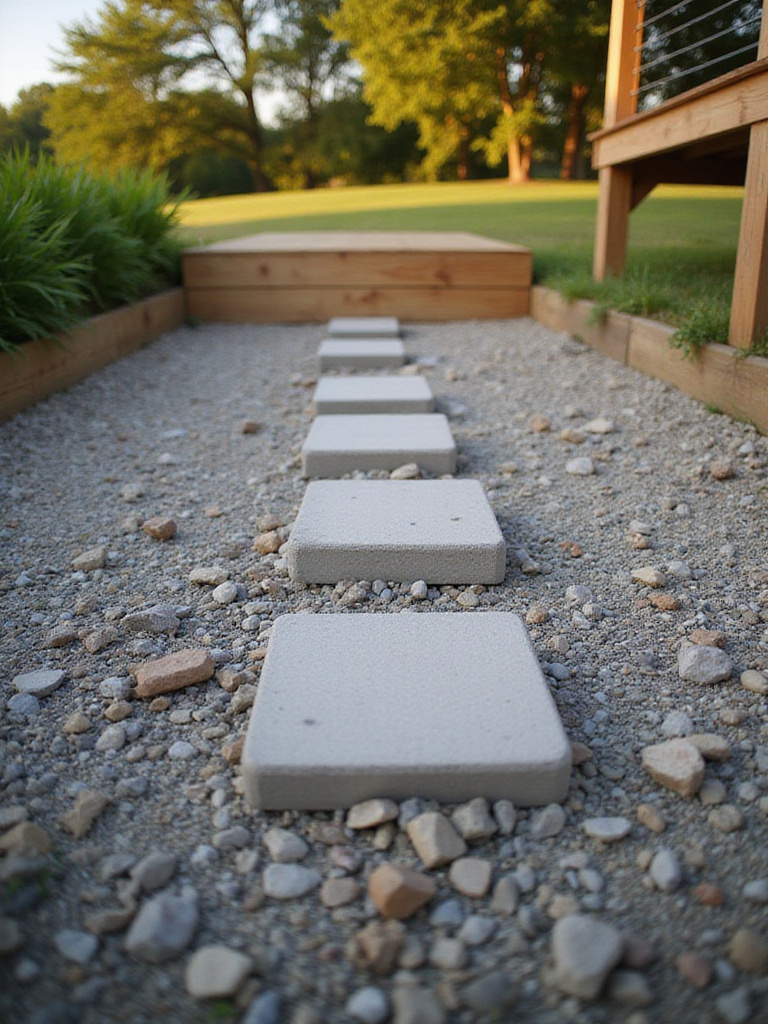 Concrete deck blocks arranged on gravel for a stable deck base in an outdoor setting.