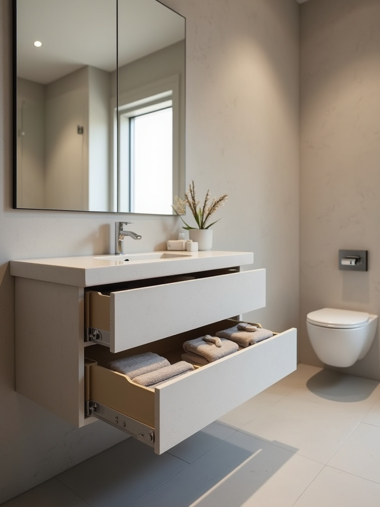 Elegant powder room with smart storage solutions, featuring a wall-mounted vanity and organized essentials.