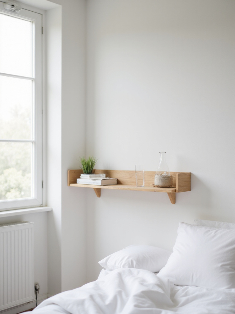 Minimalist bedroom with wall-mounted shelf acting as bedside table, showcasing clean lines and organized essentials.