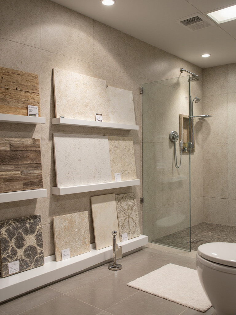 Bathroom tile display showing various tiles with water absorption rates labeled.