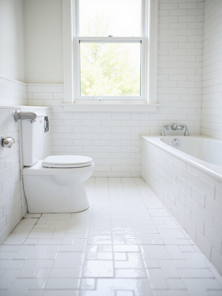 Bathroom floor featuring classic white subway tiles in an offset pattern