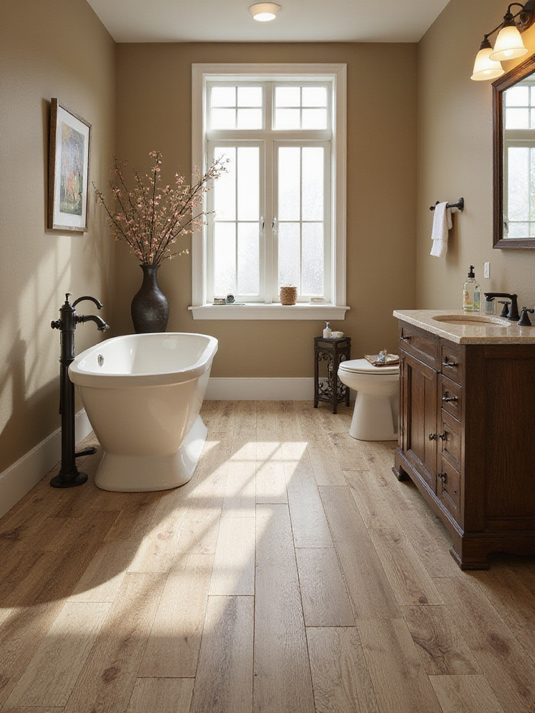 Bathroom featuring wood-look porcelain tiles mimicking reclaimed barnwood.