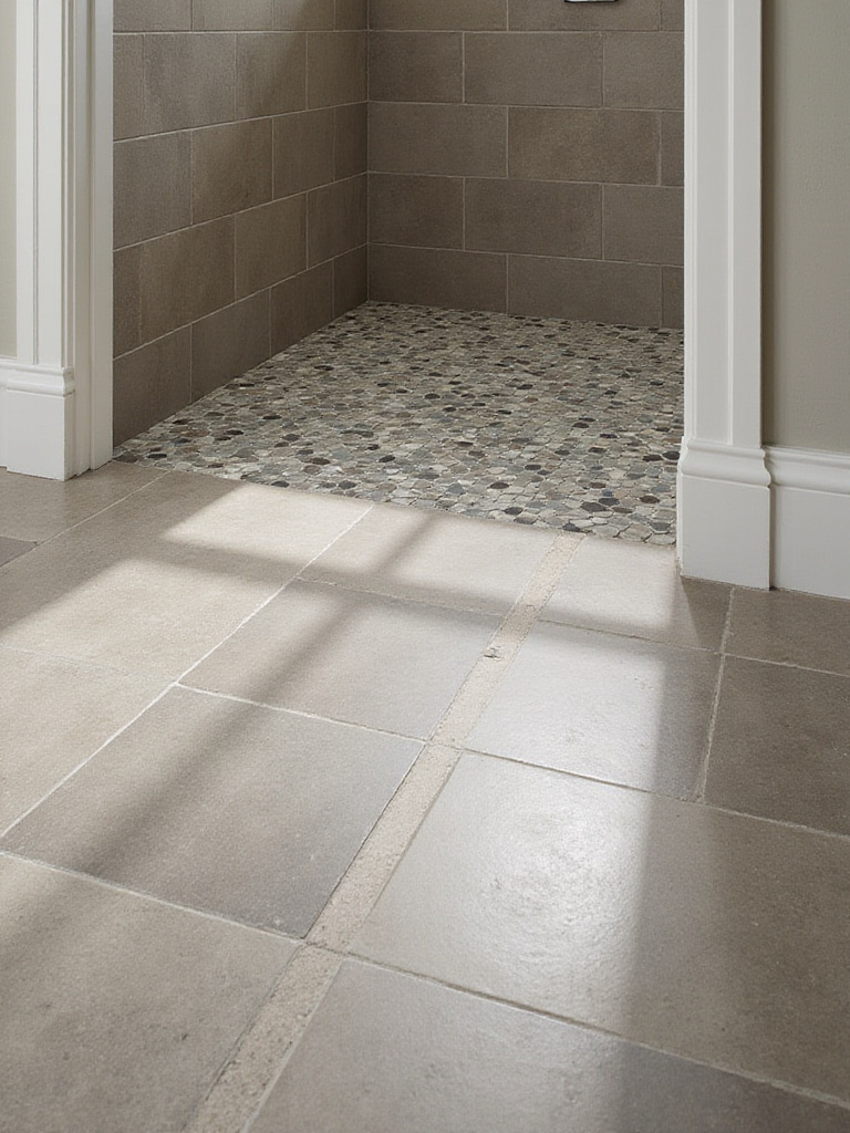 Bathroom floor with contrasting tile shapes showcasing defined zones between shower and vanity areas.