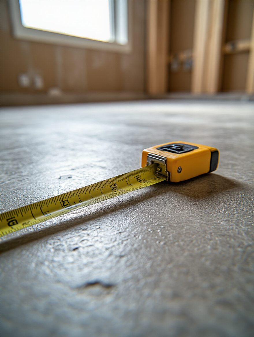 A professional measuring setup showing a steel tape measure on a bathroom subfloor.
