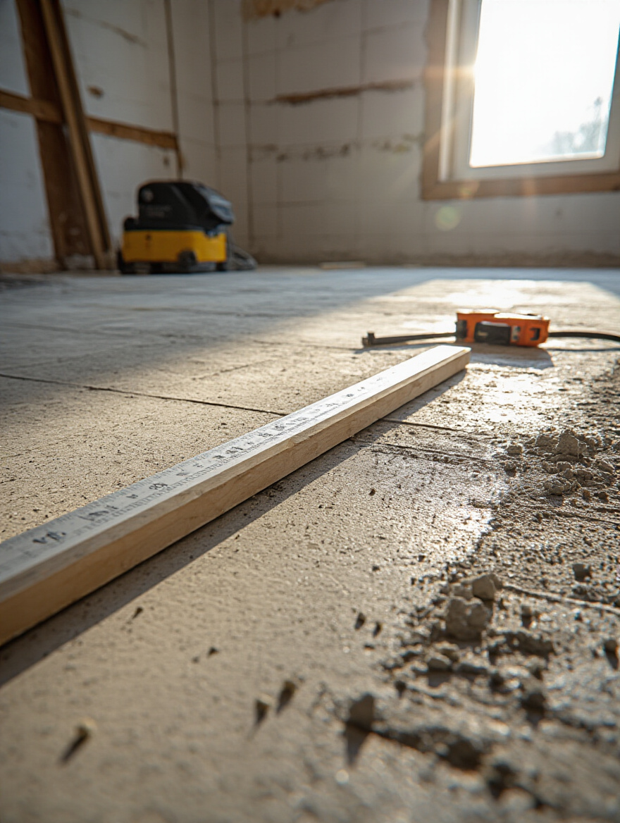 Professional photo of a leveled bathroom subfloor preparation with tools.