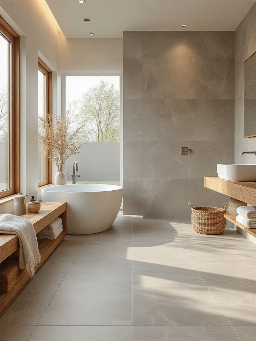Elegant bathroom interior with harmonious flooring and decor
