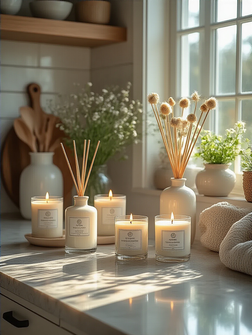 Elegant kitchen countertop with scented candles and diffusers enhancing ambiance