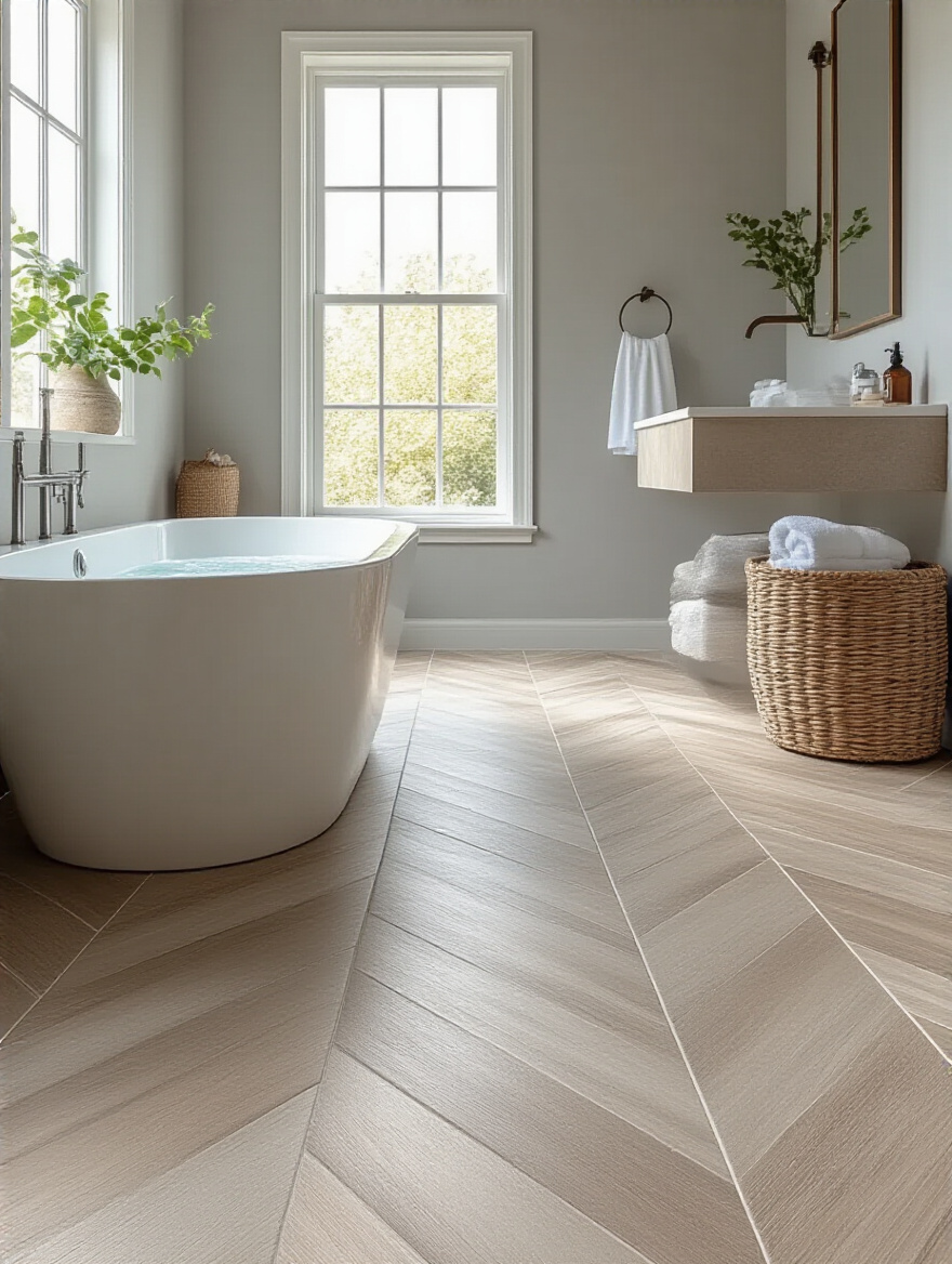 Ceramic tile flooring in a modern bathroom with natural lighting