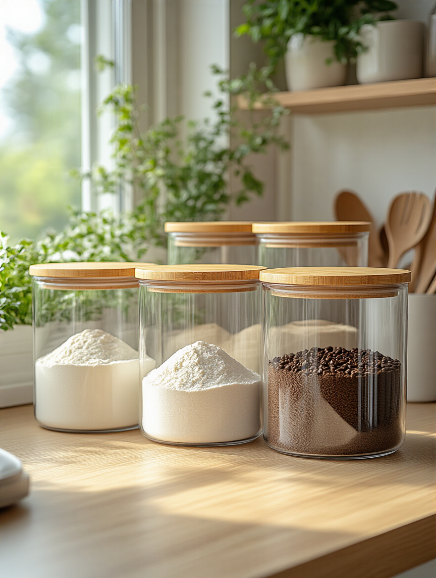Stylish canisters on a kitchen countertop filled with dry goods like flour, sugar, and coffee.