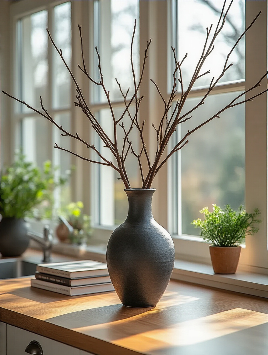 A stylish kitchen countertop featuring a tall vase with branches as a focal point, surrounded by minimal accessories.