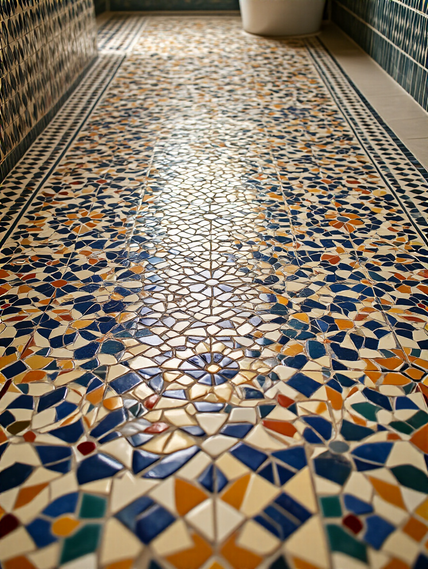 Colorful mosaic tiles in an intricate pattern on a bathroom floor