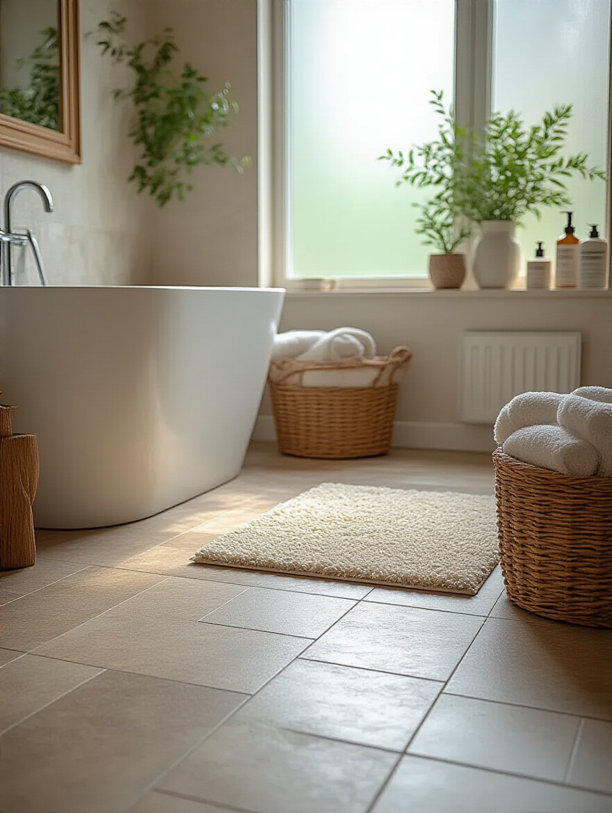 Stylish bathroom showcasing various flooring materials with natural light