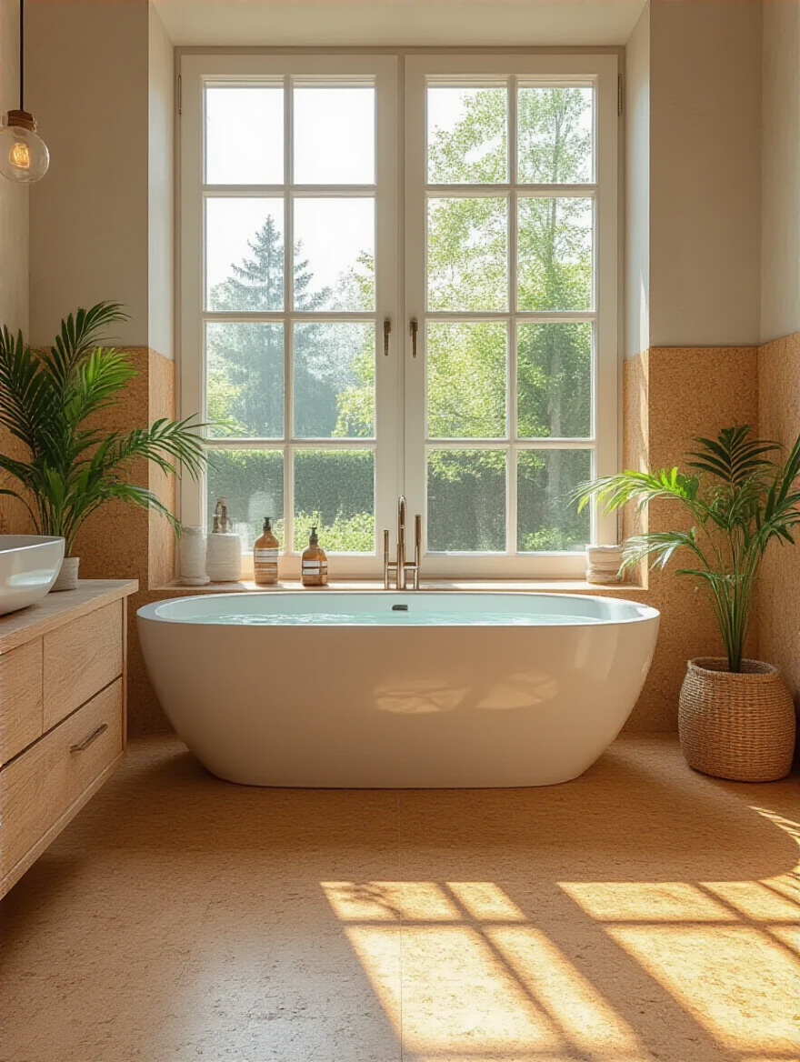 A serene bathroom featuring cork flooring, highlighting its natural warmth and inviting texture.