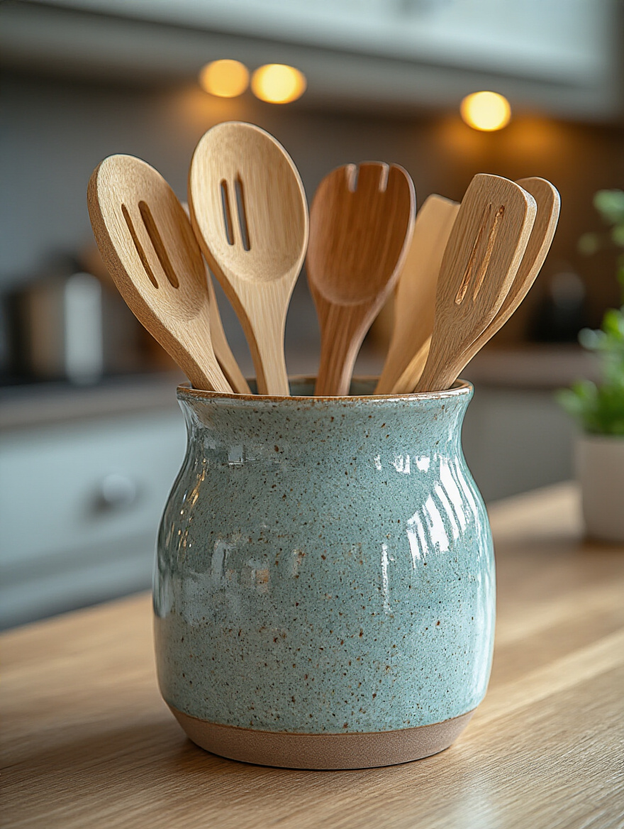 Chic utensil crock filled with colorful cooking tools on a stylish kitchen countertop.