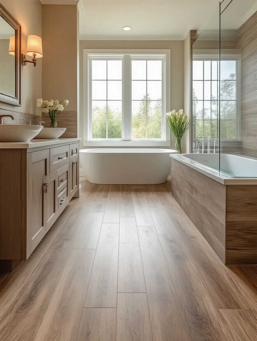 A stylish bathroom featuring luxury vinyl plank flooring that resembles wood and stone.