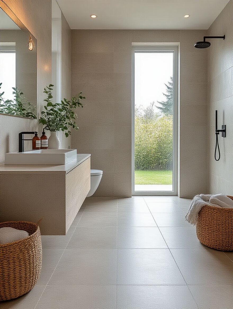 Modern bathroom with large format tiles and minimal grout lines