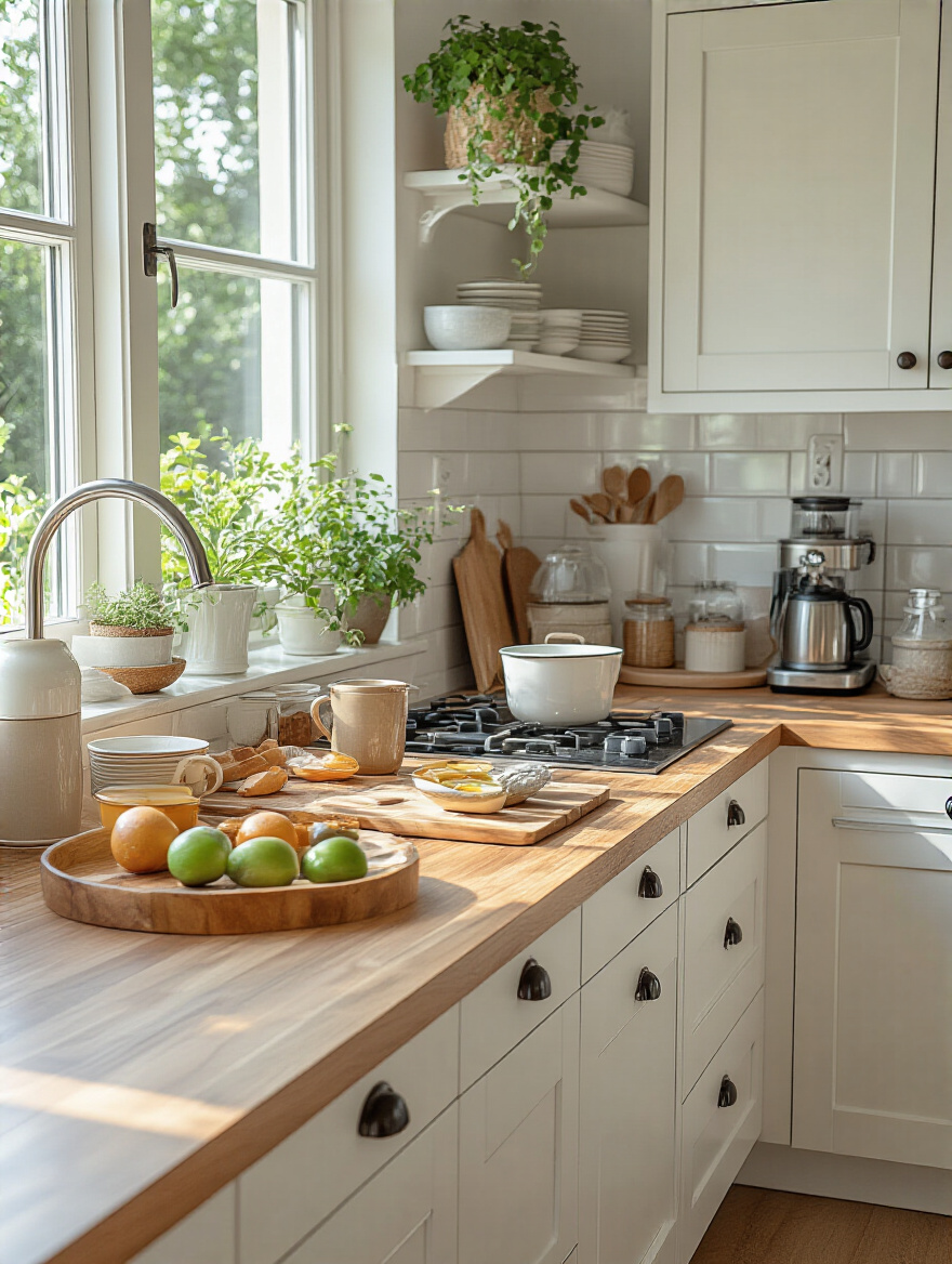 Organized kitchen countertop with dedicated zones for cooking, prep, and coffee station.