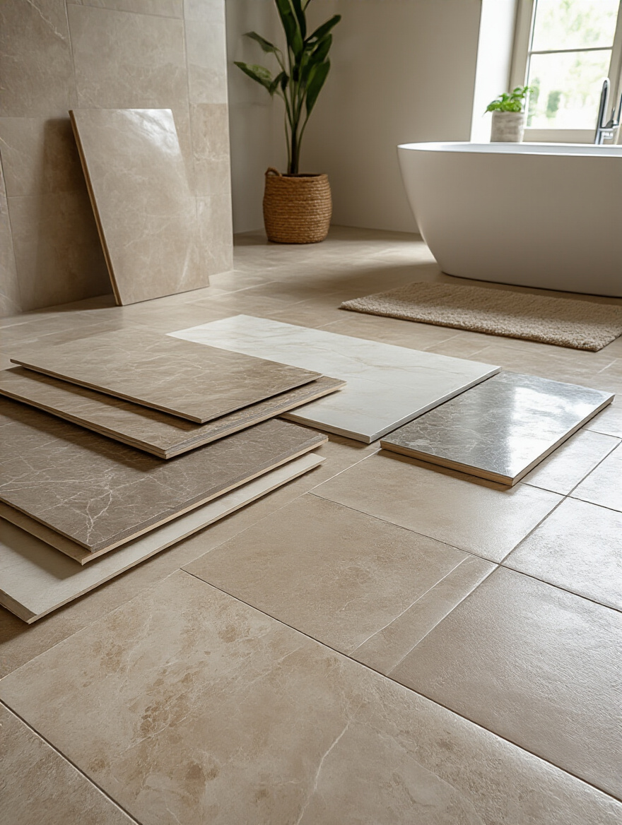 Professional photo of a bathroom with various flooring options displayed, showcasing elegant porcelain tiles.