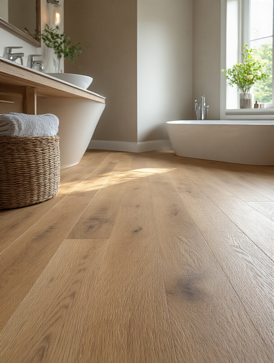 Luxurious bathroom showcasing engineered wood flooring with warm tones and modern fixtures.